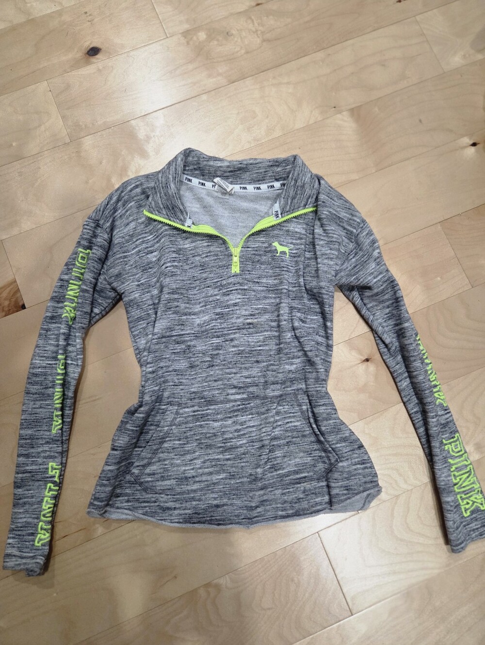 PINK Heather Gray Quarter-Zip Pullover with Neon Lime Accents